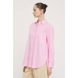 Bavlnená košeľa HUGO dámska, ružová farba, voľný strih, s klasickým golierom