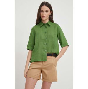Ľanová košeľa United Colors of Benetton zelená farba, regular, s klasickým golierom