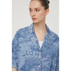 Rifľová košeľa Tommy Jeans dámska, voľný strih, s klasickým golierom