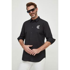 Bavlnená košeľa Just Cavalli pánska, čierna farba, regular, s klasickým golierom