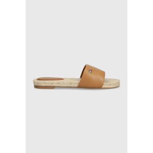 Kožené šľapky Tommy Hilfiger SIMPLE LEATHER FLAT ESP SANDAL dámske, hnedá farba, FW0FW07933