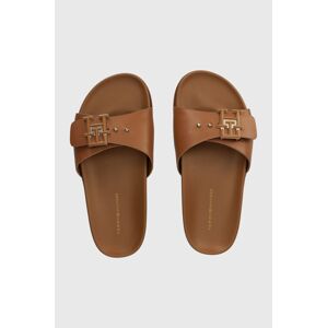 Kožené šľapky Tommy Hilfiger TH HARDWARE LEATHER FLAT SANDAL dámske, hnedá farba, FW0FW07940