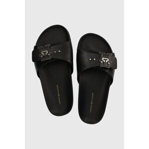 Kožené šľapky Tommy Hilfiger TH HARDWARE LEATHER FLAT SANDAL dámske, čierna farba, FW0FW07940