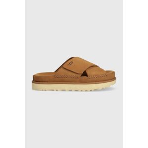 Semišové šľapky UGG Goldenstar Cross Slide dámske, hnedá farba, na platforme, 1137910