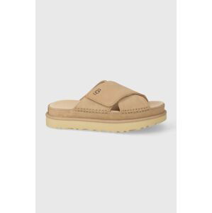 Semišové šľapky UGG Goldenstar Cross Slide dámske, béžová farba, na platforme, 1137910