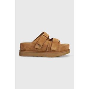 Semišové šľapky UGG Goldenstar Hi Slide dámske, hnedá farba, na platforme, 1155458