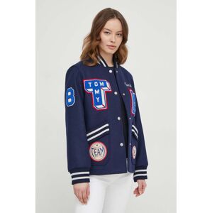 Vlnená bunda bomber Tommy Hilfiger tmavomodrá farba, prechodná