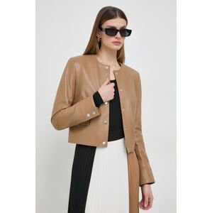 Kožená bunda BOSS dámska, béžová farba, prechodná