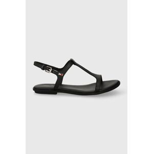Kožené sandále Tommy Hilfiger TH FLAT SANDAL dámske, čierna farba, FW0FW07930