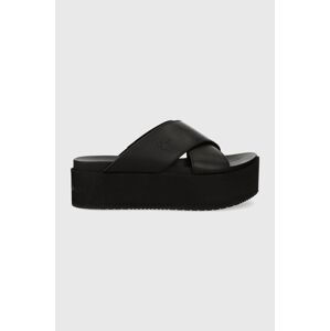 Kožené šľapky Calvin Klein Jeans FLATFORM CROSS MG UC dámske, čierna farba, na platforme