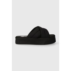 Šľapky Tommy Jeans TJW LETTERING FLATFORM SANDAL dámske, čierna farba, na platforme, EN0EN02465