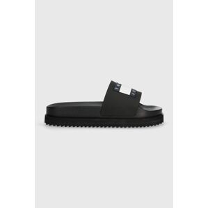 Šľapky Tommy Jeans TJW ELEVATED FLATFORM SLIDE dámske, čierna farba, na platforme, EN0EN02451