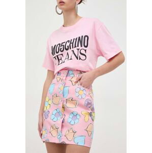 Rifľová sukňa Moschino Jeans ružová farba, mini, rovný strih