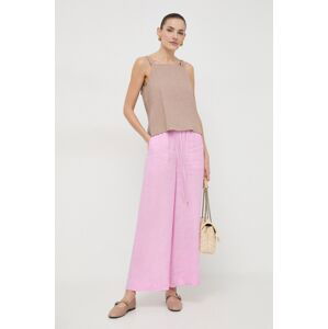 Ľanové nohavice Marella ružová farba, široké, vysoký pás
