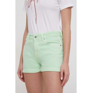 Rifľové krátke nohavice Pepe Jeans dámske, zelená farba, jednofarebné, vysoký pás