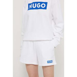 Bavlnené šortky Hugo Blue biela farba, s potlačou, vysoký pás