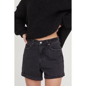 Rifľové krátke nohavice Abercrombie & Fitch dámske, čierna farba, jednofarebné, vysoký pás