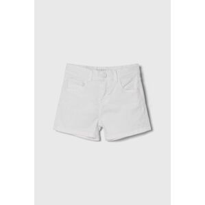 Detské rifľové krátke nohavice Guess biela farba, jednofarebné, nastaviteľný pás