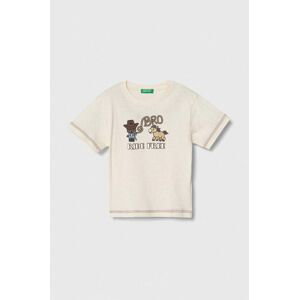 Detské bavlnené tričko United Colors of Benetton béžová farba, s potlačou