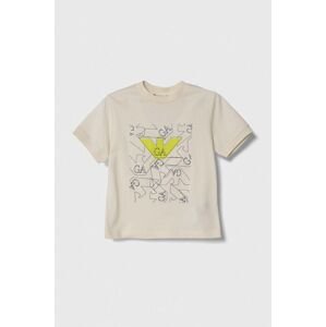 Detské bavlnené tričko Emporio Armani béžová farba, s potlačou