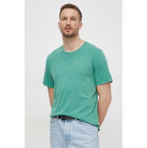 Bavlnené tričko Pepe Jeans pánsky, zelená farba, s nášivkou