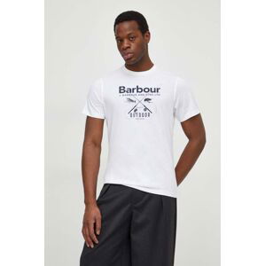 Bavlnené tričko Barbour pánsky, biela farba, s potlačou