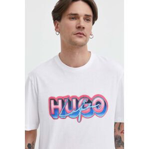 Bavlnené tričko Hugo Blue pánsky, biela farba, s potlačou