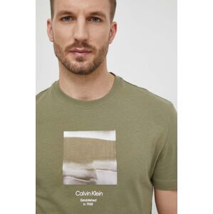 Bavlnené tričko Calvin Klein pánsky, zelená farba, s potlačou