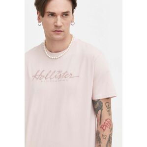 Bavlnené tričko Hollister Co. pánsky, ružová farba, s nášivkou