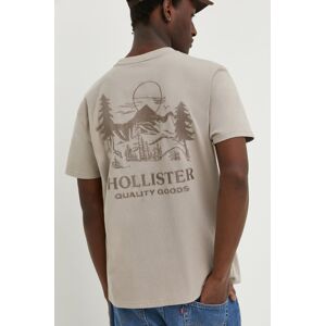 Bavlnené tričko Hollister Co. pánsky, béžová farba, s nášivkou