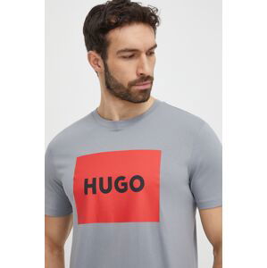 Bavlnené tričko HUGO šedá farba, s potlačou