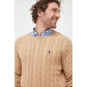 Bavlnený sveter Polo Ralph Lauren pánsky, béžová farba, tenký,