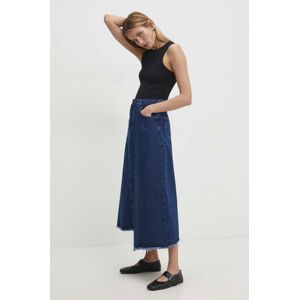 Rifľová sukňa Answear Lab tmavomodrá farba, midi, áčkový strih