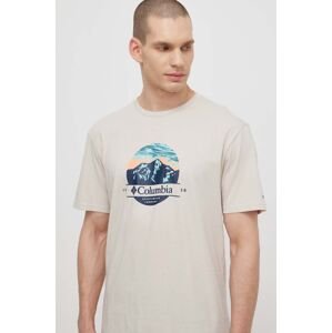 Bavlnené tričko Columbia Path Lake pánske, béžová farba, s potlačou, 1934814