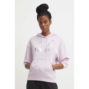 Mikina Puma CLASSICS Shiny Logo Hoodie dámska, fialová farba, s kapucňou, s potlačou, 625595