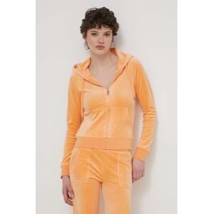 Velúrová mikina Juicy Couture oranžová farba, s kapucňou, s nášivkou