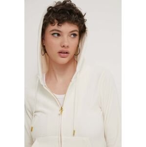 Velúrová mikina Juicy Couture béžová farba, s kapucňou, s nášivkou