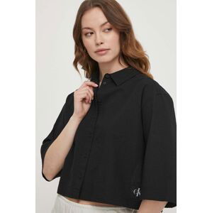 Bavlnená košeľa Calvin Klein Jeans dámska, čierna farba, voľný strih, s klasickým golierom
