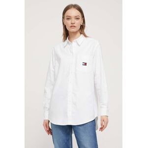 Bavlnená košeľa Tommy Jeans dámska, biela farba, voľný strih, s klasickým golierom
