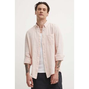 Ľanová košeľa HUGO ružová farba,regular,s golierom button-down,50514162