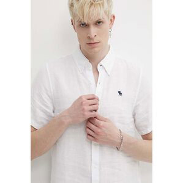 Ľanová košeľa Abercrombie & Fitch biela farba, regular, s golierom button-down