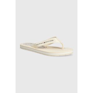 Žabky Tommy Hilfiger GLOBAL STRIPES FLAT BEACH SANDAL dámske, béžová farba, na plochom podpätku, FW0FW07856