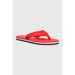 Žabky Tommy Hilfiger GLOBAL STRIPES FLAT BEACH SANDAL dámske, červená farba, na plochom podpätku, FW0FW07856