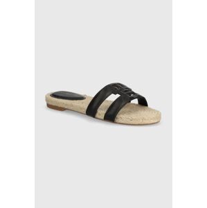 Kožené šľapky Tommy Hilfiger TH EMBOSS FLAT ESP SANDAL dámske, čierna farba, FW0FW07928