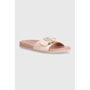 Semišové šľapky Tommy Hilfiger TH HARDWARE SUEDE FLAT SANDAL dámske, ružová farba, FW0FW07935