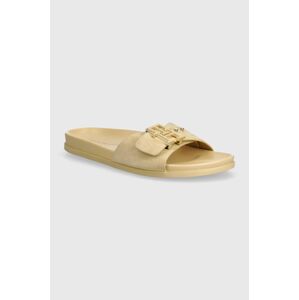 Semišové šľapky Tommy Hilfiger TH HARDWARE SUEDE FLAT SANDAL dámske, béžová farba, FW0FW07935