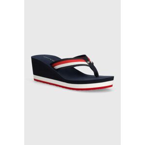 Žabky Tommy Hilfiger CORPORATE WEDGE BEACH SANDAL dámske, tmavomodrá farba, na kline, FW0FW07987