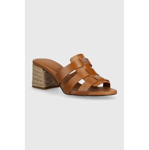 Kožené šľapky Tommy Hilfiger BLOCK MID HEEL LEATHER SANDAL dámske, hnedá farba, na podpätku, FW0FW08049