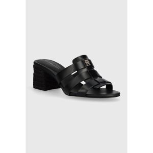 Kožené šľapky Tommy Hilfiger BLOCK MID HEEL LEATHER SANDAL dámske, čierna farba, na podpätku, FW0FW08049