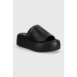 Kožené šľapky Calvin Klein FLATFORM SLIDE LTH dámske, čierna farba, na platforme, HW0HW01943